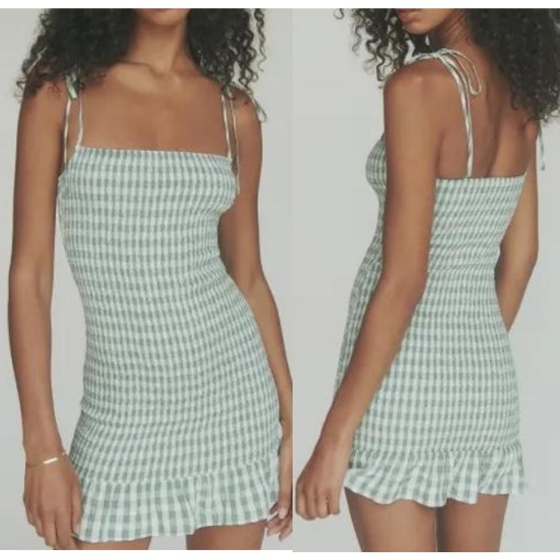 Nwt Reformation Gemini Smocked Mini Dress Green Check Gingham Womens Size Xl